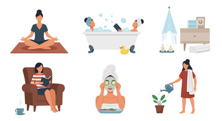 Diverse scenes illustrating self-care rituals and peaceful relaxation activities for enhanced well-being and comfort at home