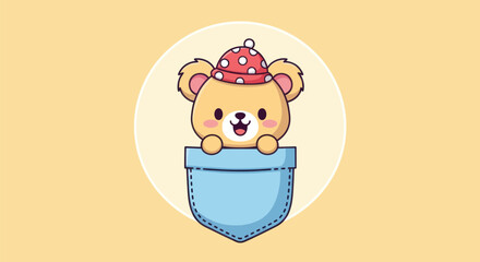 Cartoon bear character with a hat peeking out of a pocket illustration