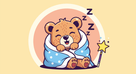 Cartoon bear sleeping in a blanket with a magic wand illustration