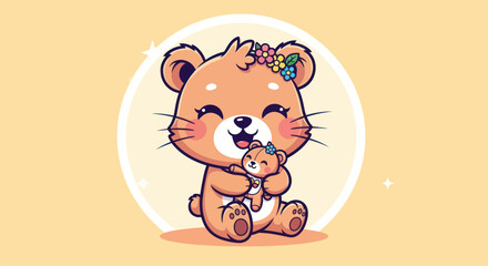 Cartoon bear with a floral crown holding a smaller bear vector illustration