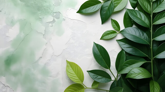 Mock-up, fond graphique, arri&egrave;re plan vert sur le th&egrave;me des plantes et feuilles, int&eacute;gration produit ou texte.