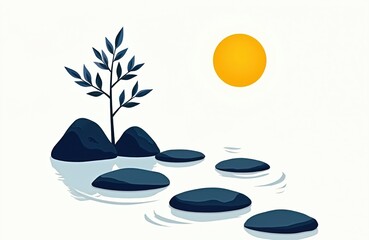 Zen garden visual illustration with sun and stones in water. Asian style landscape of meditation place, wellness, harmony. Graphic design element for spa center or yoga class flyer template.