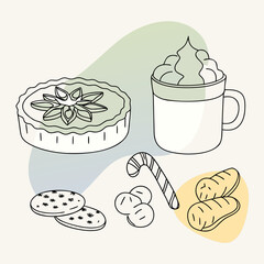A cozy assortment of holiday treats, including a pie, a mug of whipped cream, cookies, a candy cane, and pastries, all depicted in a charming line art style on a light background