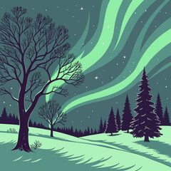 A serene winter landscape unfolds with a majestic bare tree standing tall on a snowcovered hill, illuminated by the mesmerizing dance of the aurora borealis in the night sky above a pine forest