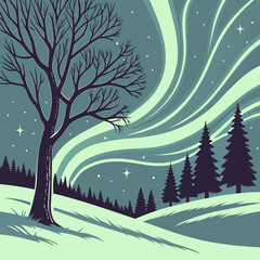 A serene winter landscape unfolds with a solitary, leafless tree standing tall against a backdrop of swirling aurora borealis, casting an ethereal glow over the snowcovered hills and evergreen forest