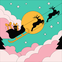 A silhouette of santas sleigh and reindeer soars across a starry, moonlit sky, framed by stylized clouds and pine trees, capturing the magic of christmas night with gifts