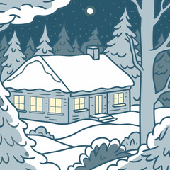 Fototapeta premium A snowcovered house stands amidst a winter wonderland, surrounded by evergreen trees and a blanket of fresh snow, with light emanating from the windows, creating a warm and inviting scene