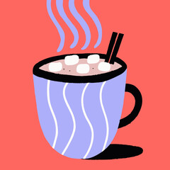 A steaming mug of hot chocolate with marshmallows and cinnamon sticks, set against a red backdrop, evokes warmth and comfort on a chilly winter day, perfect for relaxation