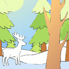 A tranquil winter landscape features a white deer standing amidst snowcovered ground, surrounded by green fir trees and bare trees, set against a backdrop of a clear blue sky