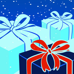A vibrant illustration showcasing a collection of beautifully wrapped gift boxes adorned with elegant bows, set against a backdrop of falling snow, evoking a sense of festive cheer and anticipation