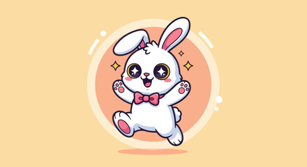 Cartoon bunny illustration with pink bowtie and sparkling eyes on light background