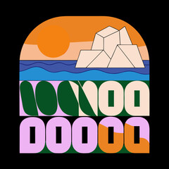 A vibrant and modern illustration of a stylized landscape featuring geometric shapes, bold colors, and a playful composition, evoking a sense of fun and creativity in design