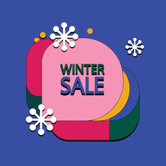 A vibrant winter sale advertisement featuring a retroinspired design with geometric shapes, snowflakes, and bold typography, promoting seasonal discounts and special offers for shoppers