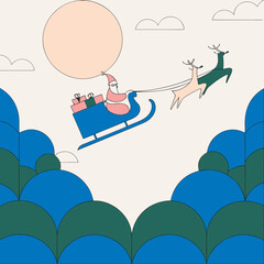 A whimsical christmas scene unfolds with santa in his blue sleigh, pulled by two reindeer against a cream backdrop, featuring stylized trees and a large, round moon, evoking a sense of holiday cheer