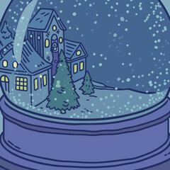 A whimsical snow globe illustration showcases a charming village scene with cozy houses and snowcovered trees, creating a magical winter wonderland atmosphere