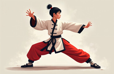 Young Asian man practices Kung Fu martial art. Man in white and red uniform does wide stance with arms outstretched. Black haired man trains in traditional Chinese martial arts on beige background.