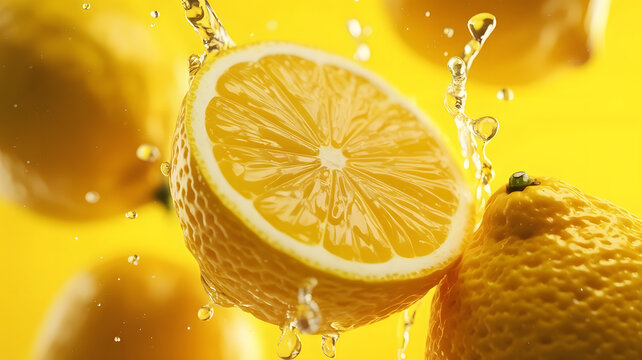 黄色背景のカットしたレモン 新鮮さを水しぶきで演出