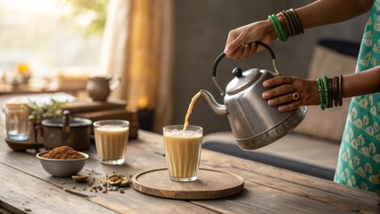 Woman pouring hot chai tea from kettle into glass cup