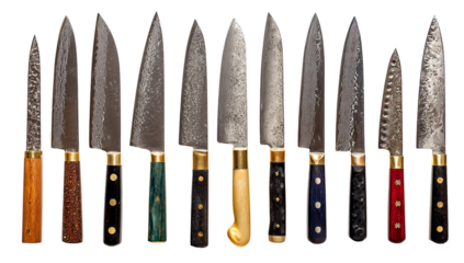 Collection of handcrafted kitchen knives with various handles isolated on transparent background for culinary enthusiasts and professional chefs