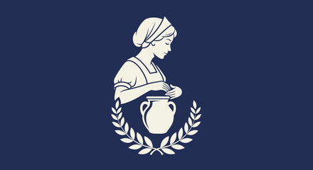 Elegant Woman Shaping Pottery, Surrounded by Laurel Wreath, Silhouette Style