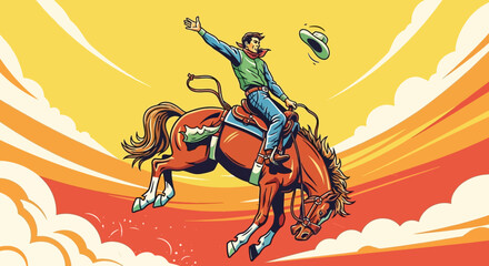 Dynamic cowboy in blue jeans and green vest riding a bucking brown horse, hat flying, vibrant illustration.