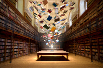 A surreal vision of knowledge and imagination, with books flying out of an open book on a table in a grand library, symbolizing education and discovery