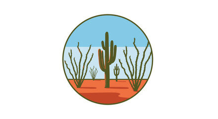 Stylized circular graphic of a Sonoran desert landscape with saguaro and ocotillo cacti.