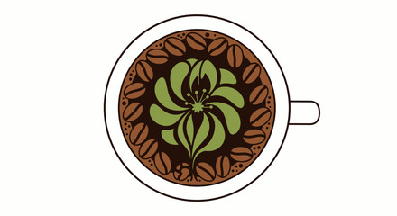 Stylized coffee cup with green floral latte art surrounded by a coffee bean border.