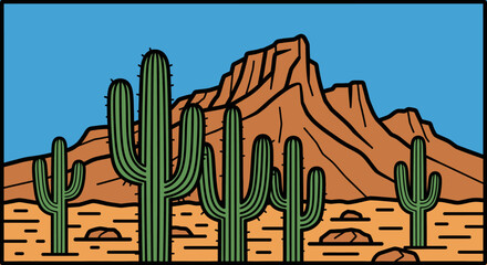 Stylized desert landscape illustration with green saguaro cacti and a brown rocky butte under a clear blue sky.