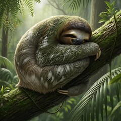 Naklejka premium Adorable Sloth Sleeping Peacefully on a Tree Branch in a Lush Green Jungle.