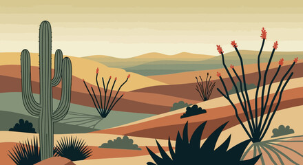 Vibrant stylized desert landscape illustration with saguaro cactus, ocotillo, and arid plants amidst warm, earthy rolling hills.