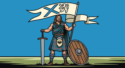 Scottish Warrior with Sword, Shield, and Flag with Lion Rampant