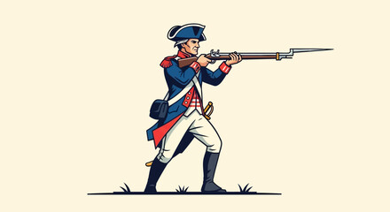 American Revolutionary War Soldier Aiming Musket with Bayonet in Blue and Red Uniform