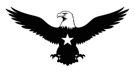 Bold black and white graphic of a majestic eagle with powerful spread wings, fierce expression, and a prominent white star emblem on its chest.