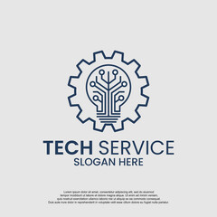 Abstract lightbulb with circuit board pattern rests inside gear, symbolizing innovative tech solutions and reliable service in modern technology industry.