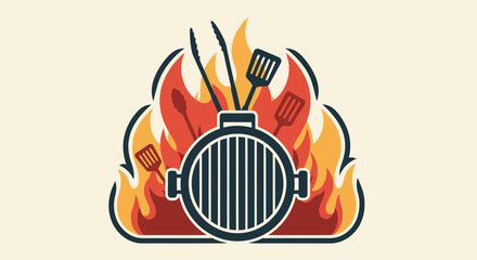 Stylized Barbecue Grill with Utensils and Flames Illustration