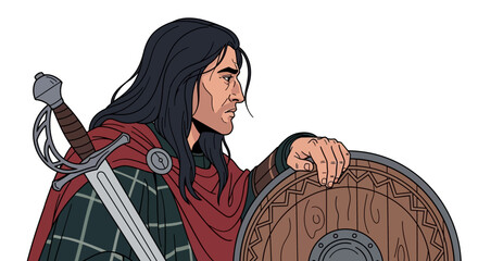 Profile of a Celtic warrior with long black hair, red cloak, basket-hilted sword, and shield.