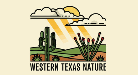 Western Texas Desert Landscape with Cactus, Ocotillo, Sun, and Clouds Illustration