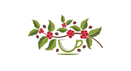 Stylized Coffee Plant Branch with Red Berries and Coffee Cup