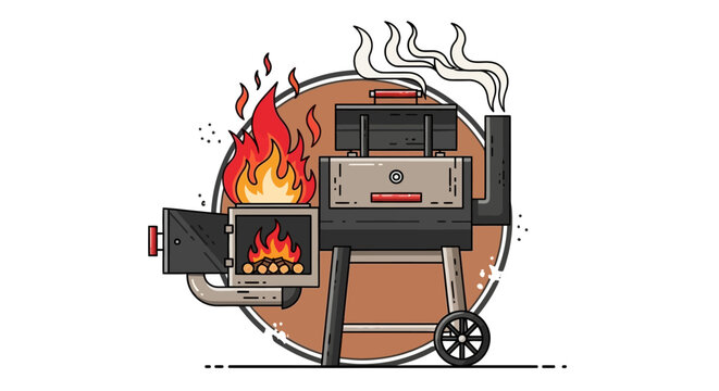 Illustration of a Smoker Grill with Flames and Smoke