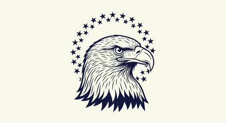 Engraved Style Illustration of a Fierce Eagle Head Surrounded by a Halo of Stars