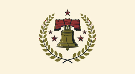 Bronze Liberty Bell with Cracked Surface, Red Wooden Yoke, Laurel Wreath, and Five Red Stars