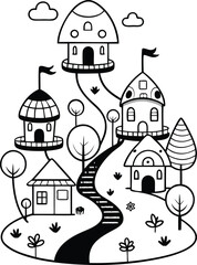 Fototapeta premium Fantasy Castle Hill with Houses and Trees Black and White Illustration