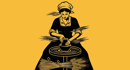 Woman Potter Crafting Clay Vessel on Wheel with Wheat Stalks