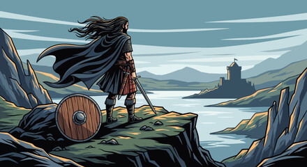 Brave Scottish Warrior with Sword and Shield Standing on Cliff Edge