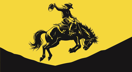 Silhouette of a Cowboy Riding a Bucking Horse, Holding Hat High