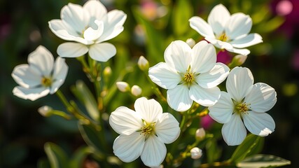 Fototapeta premium Close up captures delicate white arabis flowers blooming amidst vibrant green foliage, showcasing the beauty of nature in a serene and sunlit garden setting.