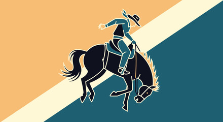 Stylized cowboy in hat and vest riding a dark bucking horse, dynamic vector illustration with bold outlines.