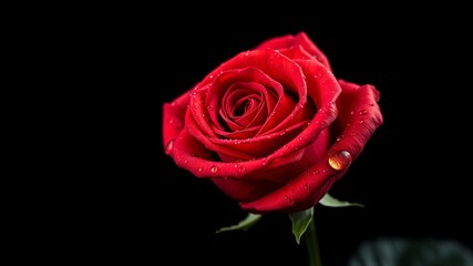 Fototapeta premium A beautiful red rose with delicate water droplets clinging to its velvety petals is showcased against a stark black backdrop, emphasizing its romantic beauty.