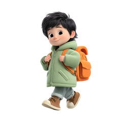 Charming cartoon boy with backpack walking, isolated on transparent background, radiating youthful energy and a sense of adventure in his stride